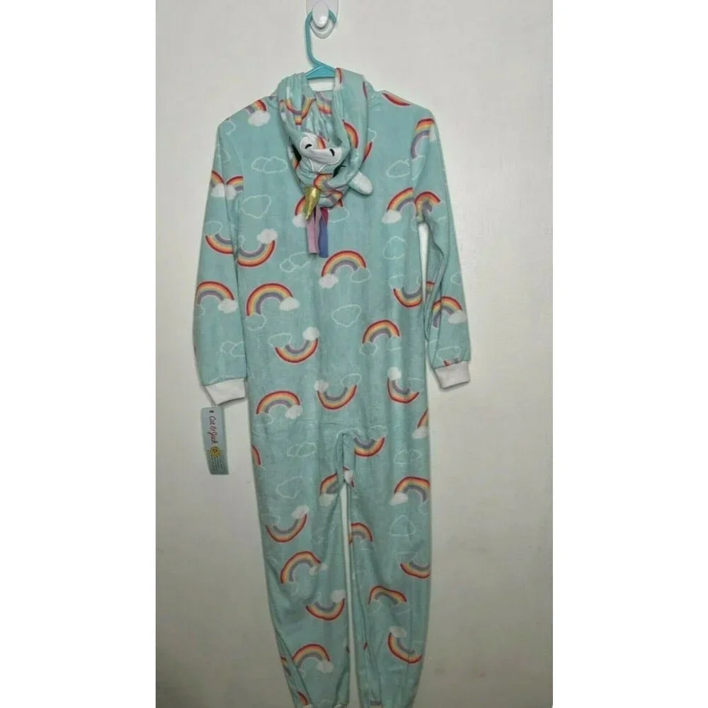 NWT Cat&Jack Rainbow Unicorn Hooded One Piece PJs sz 10/12 Large Youth